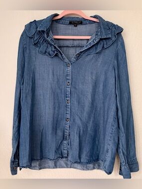 Velvet Heart Cottagecore Chambray Ruffle Button Blouse Tencel Denim Top Size L